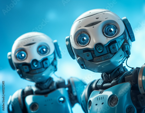 Close-up of robots against blue background. AI generated © DayDay Studio