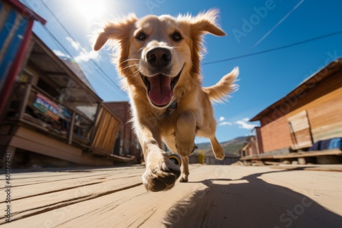 Environmental portrait photography of a happy golden retriever skateboarding against ghost towns background. With generative AI technology