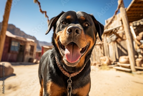 Close-up portrait photography of a smiling rottweiler walking on a leash against ghost towns background. With generative AI technology