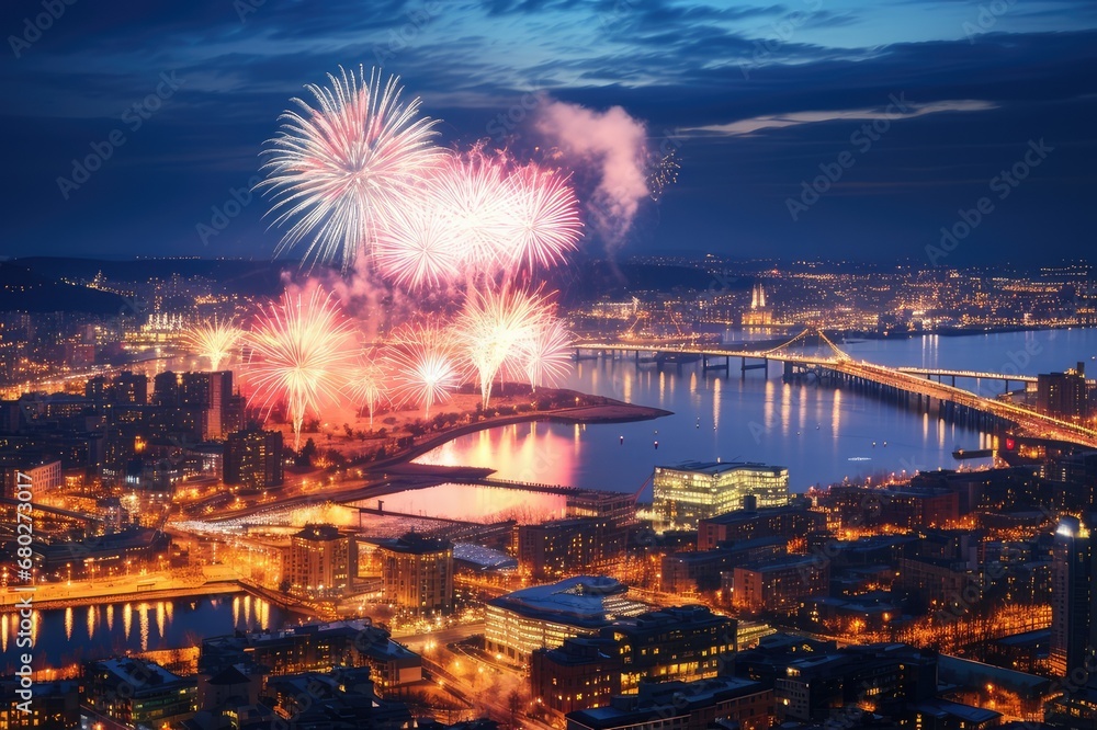 City Skylines Aglow: Aerial Symphony of Fireworks, generative AI City Skylines Aglow: Aerial Symphony of Fireworks, generative AI