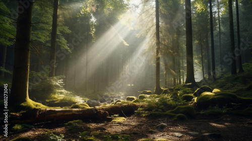 A meditative forest view in a quiet mountain setting  with morning sunlight shining through the trees