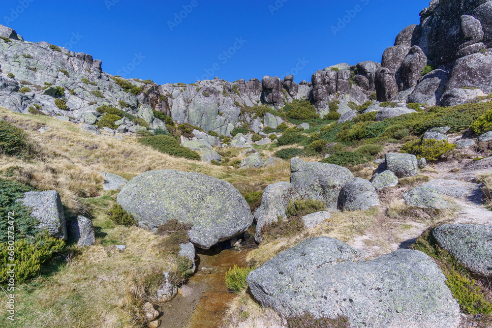 Beautiful rocky landscape of high plateau of Torre with little vegetation on a sunny autumn day, Torre, Serra da Estrela, Portugal