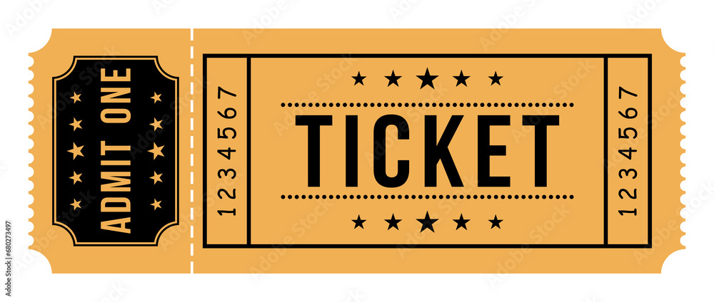 Vector Ticket with one stub rip line. Cinema ticket isolated on white background. Template minimal design for entertainment show, event, boarding pass, cinema, theatre and concert. Vector illustration - obrazy, fototapety, plakaty 