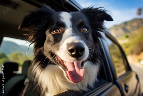 Headshot portrait photography of a smiling border collie sticking head out of a car window against natural arches and bridges background. With generative AI technology © Markus Schröder