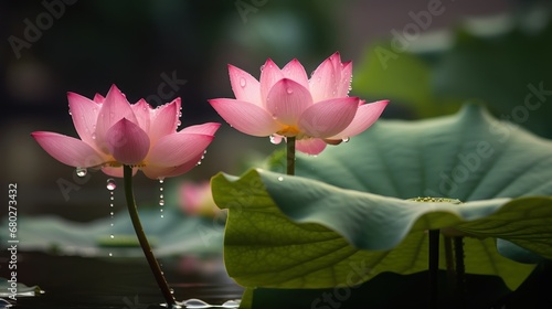Pink lotus flower in the pond and green leaf with sunlight. Spa Concept. Springtime concept with copy space.