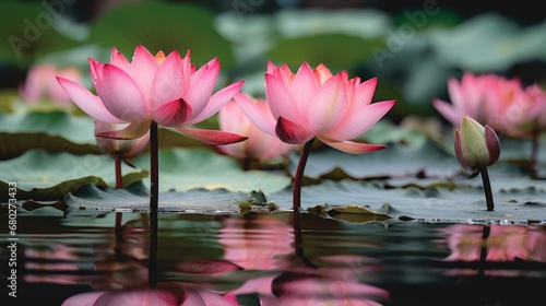 Beautiful pink lotus flower blooming in the pond with reflection. Spa Concept. Springtime concept with copy space.