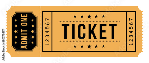 Vector Ticket with one stub rip line. Cinema ticket isolated on white background. Template minimal design for entertainment show, event, boarding pass, cinema, theatre and concert. Vector illustration photo