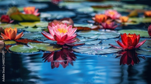 Red water lily in the lake with reflection on water surface. Spa Concept. Springtime concept with copy space.