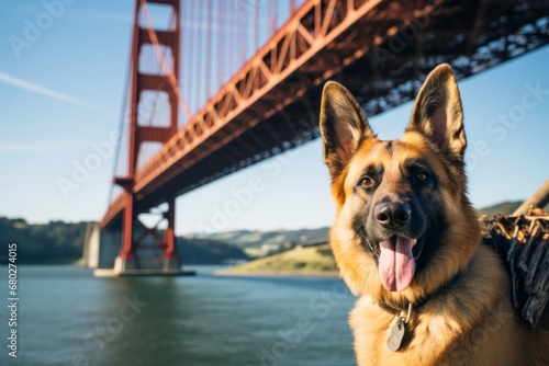 Lifestyle portrait photography of a funny german shepherd holding a bone in its mouth against suspension bridges background. With generative AI technology photo