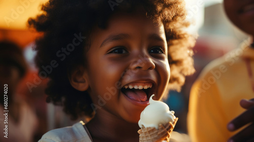 Portrait of a smiling child with ice cream  blurred background of a summer fair