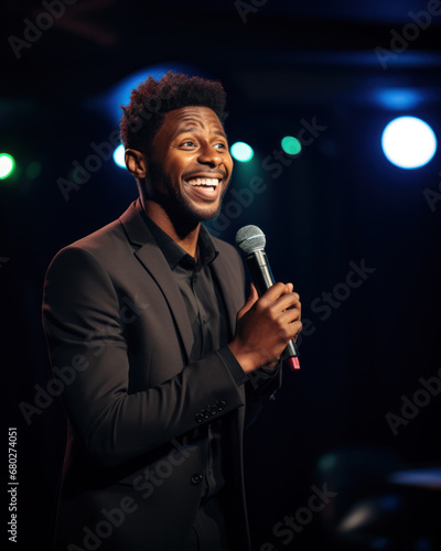 Stand up african american comedian on stage. Young man talks joke into microphone or sings songs.