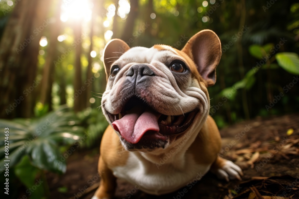 Lifestyle portrait photography of a funny bulldog scratching nose against tropical rainforests background. With generative AI technology