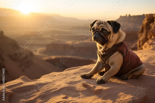 Lifestyle portrait photography of a curious pug sitting against gorges and canyons background. With generative AI technology