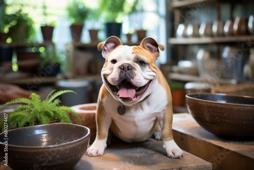 Headshot portrait photography of a happy bulldog being at a pottery studio against tropical rainforests background. With generative AI technology