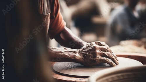 Pottery artist shaping clay, blurred background of a pottery wheel