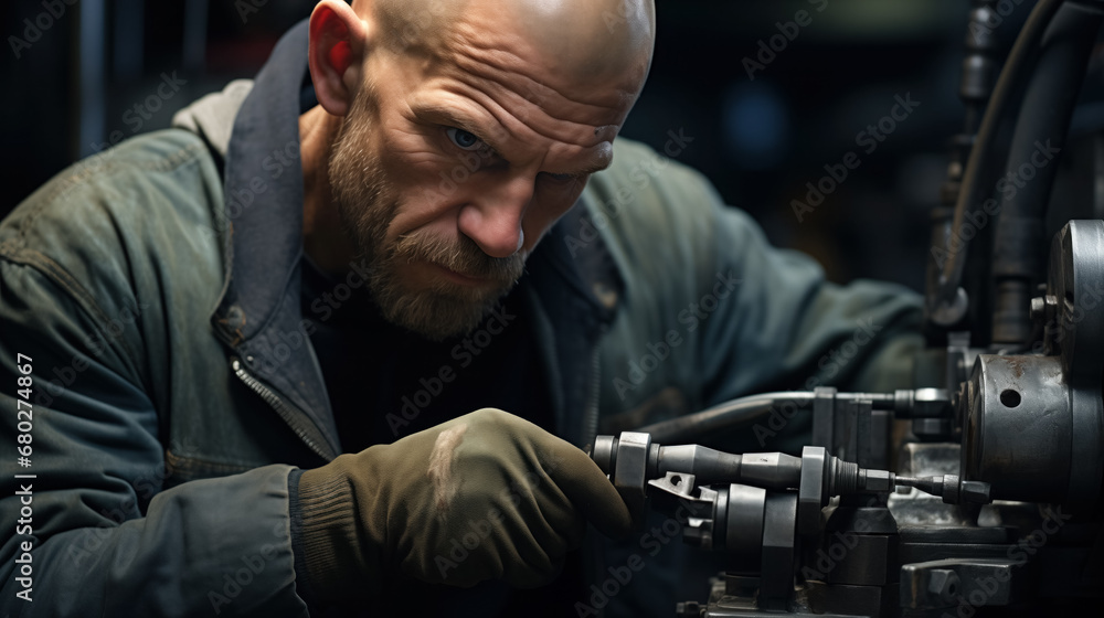 Bald mechanic intently adjusts complex equipment. Bald mechanic intently adjusts complex equipment.