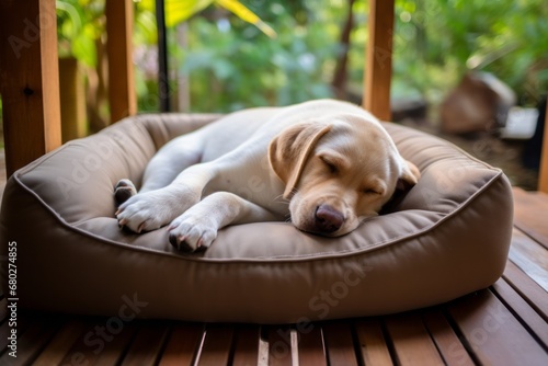 Headshot portrait photography of a cute labrador retriever sleeping in a dog bed against bamboo forests background. With generative AI technology