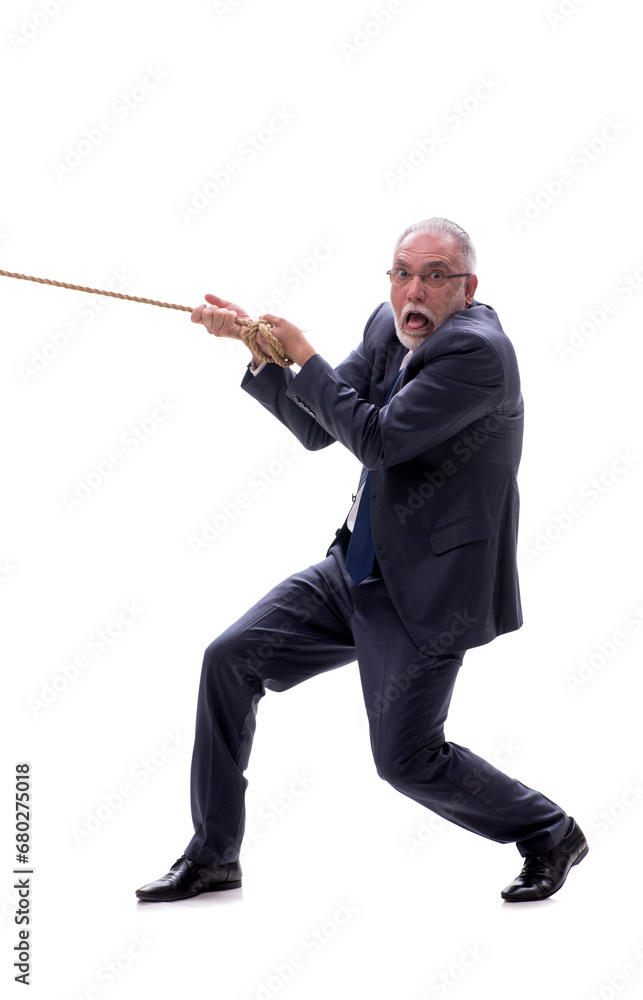 Old businessman with rope isolated on white Old businessman with rope isolated on white
