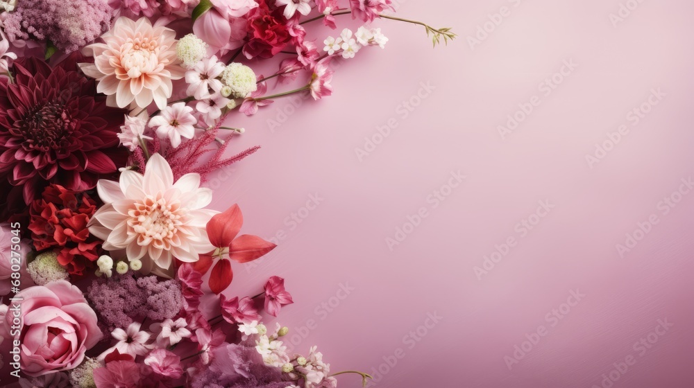  a close up of a bunch of flowers on a pink background with a place for a text or an image.