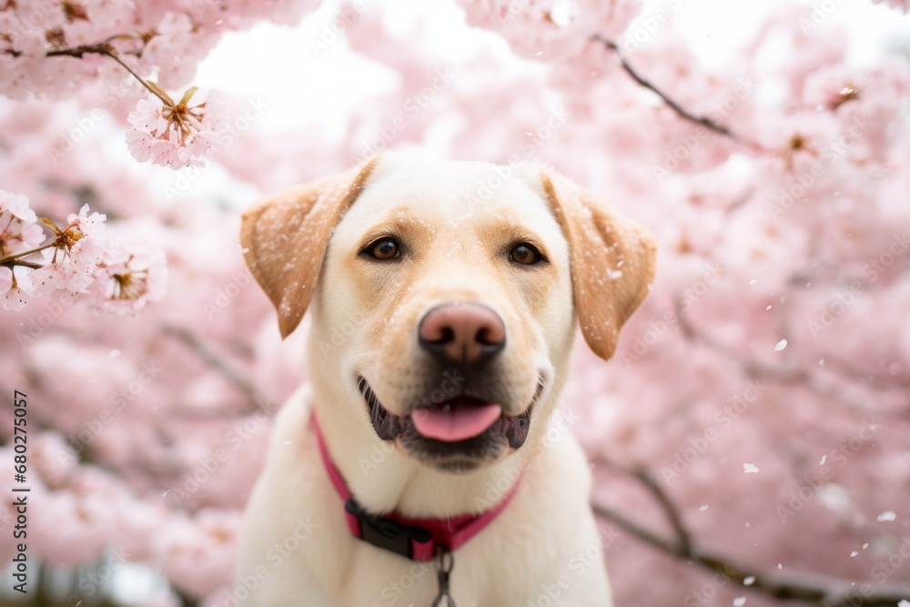Lifestyle portrait photography of a cute labrador retriever playing in the snow against cherry blossom parks background. With generative AI technology