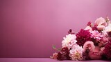  a bouquet of pink and white flowers on a purple surface with a pink wall in the background and a pink wall in the foreground.