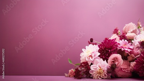  a bouquet of pink and white flowers on a purple surface with a pink wall in the background and a pink wall in the foreground. photo