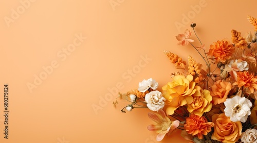  a vase filled with lots of flowers on top of an orange background with a white and yellow flower arrangement on top of the vase.