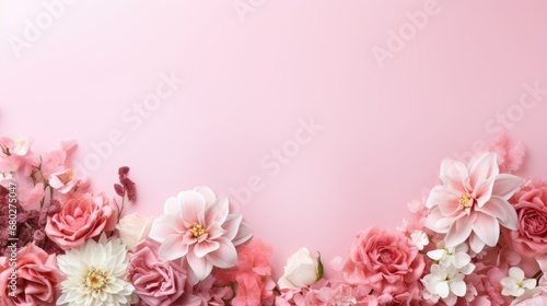  a bunch of pink and white flowers on a pink background with a place for a text or an image with a place for your own text. © Nadia