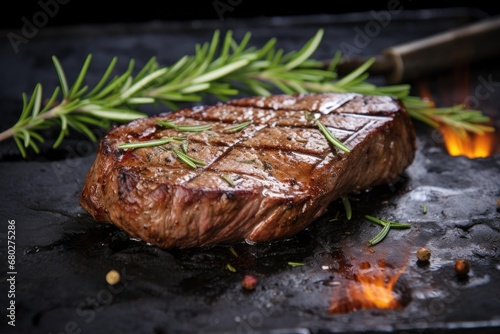  a steak sitting on top of a grill with a sprig of rosemary on the top of the steak.