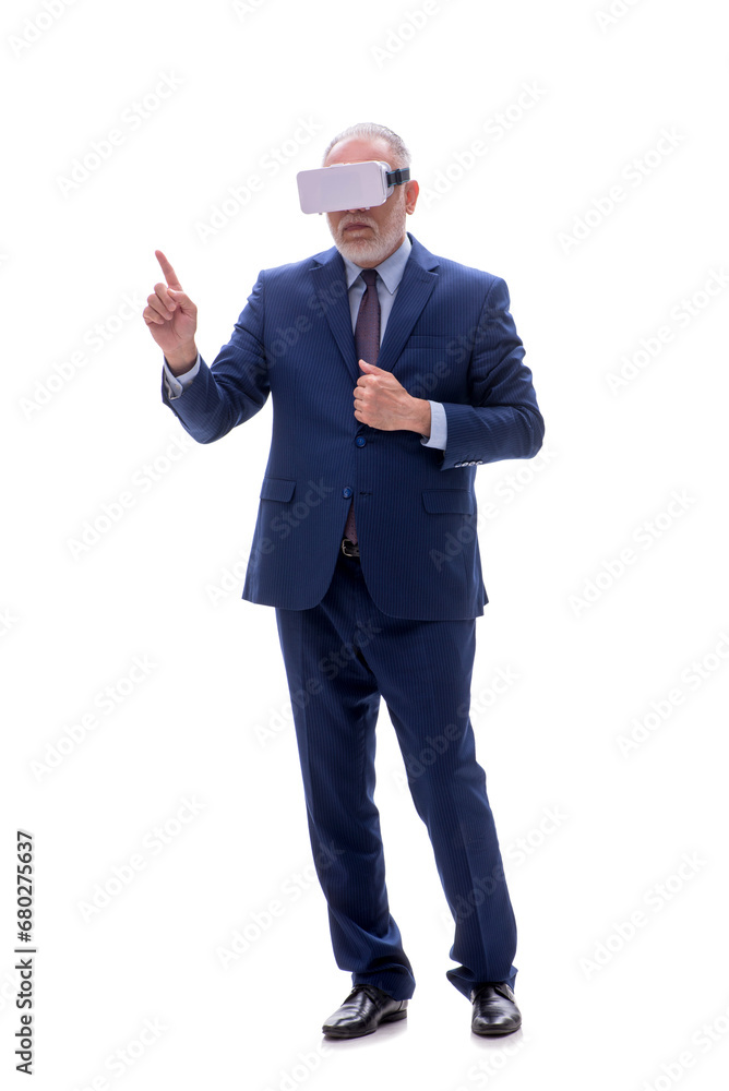 Old businessman wearing virtual glasses isolated on white Old businessman wearing virtual glasses isolated on white