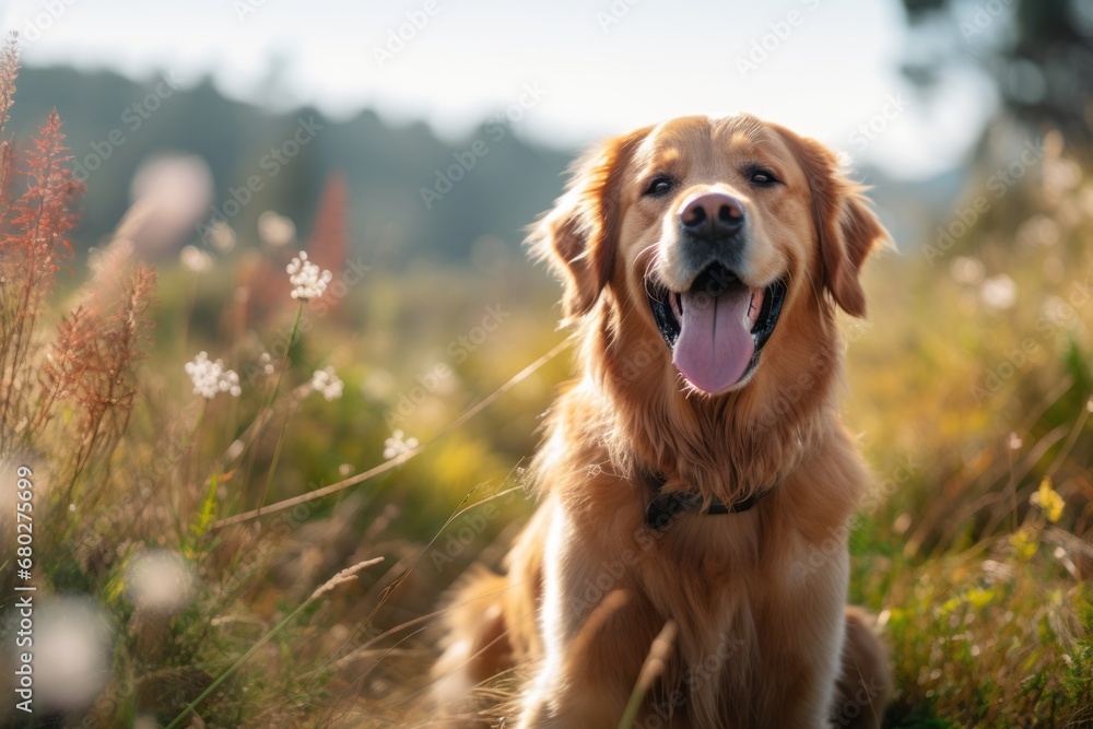 Obraz premium Environmental portrait photography of a smiling golden retriever sitting against birdwatching spots background. With generative AI technology
