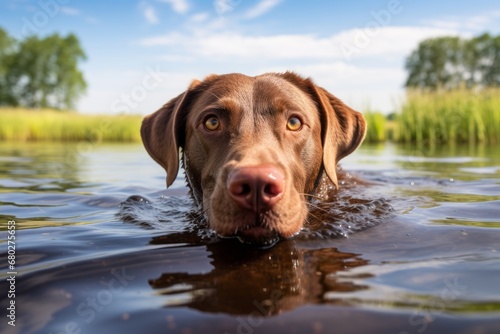 Medium shot portrait photography of a funny labrador retriever swimming against birdwatching spots background. With generative AI technology