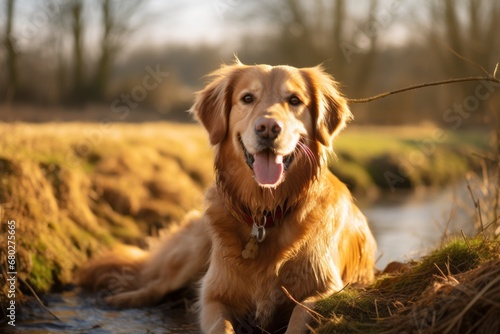 Environmental portrait photography of a smiling golden retriever sitting against birdwatching spots background. With generative AI technology