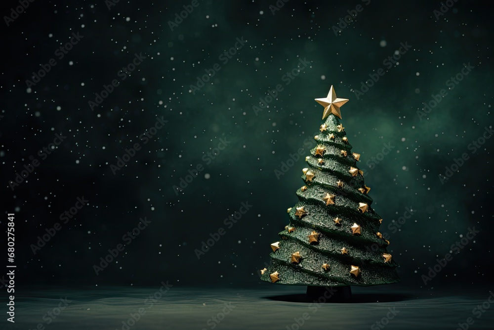  a christmas tree with a star on top in the middle of a dark room with snow falling on the ground.