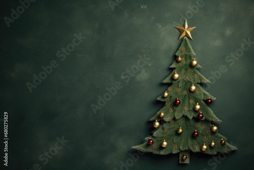  a green christmas tree with gold ornaments and a star hanging from the top of it on a dark green wall.