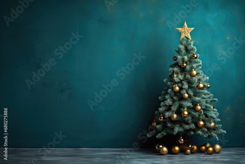  a small christmas tree with gold ornaments and a star on top of it in front of a teal wall.