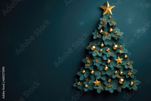  a green christmas tree with gold ornaments and a star on top of it on a blue background with snowflakes.