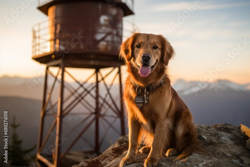 Environmental portrait photography of a curious golden retriever playing with a ball against fire lookout towers background. With generative AI technology