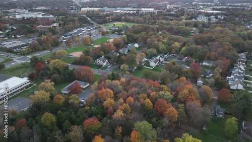 Drone footage of the houses near to Prince Rodgers Park in Bridgewater town at sunset in New Jersey photo