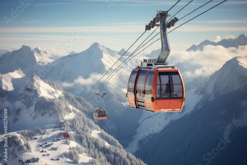  a ski lift going up the side of a mountain with snow on the ground and a mountain range in the background. © Nadia