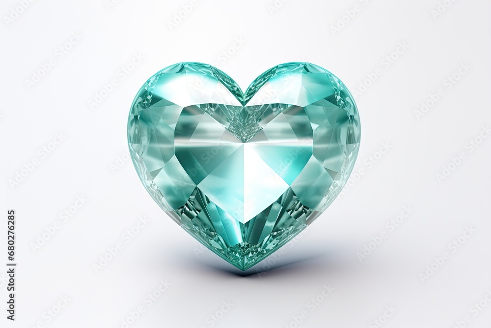  a heart shaped aqua colored diamond on a white background with a reflection of the diamond in the center of the heart.