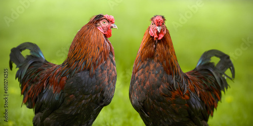 Two red roosters isolated outdoor on blurred background