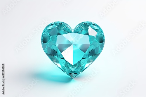  a heart shaped aqua colored diamond on a white background with a reflection of the diamond in the middle of the image.