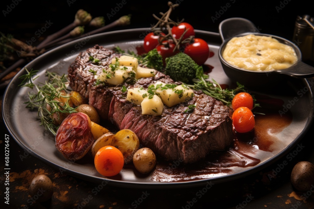 a plate of steak, potatoes, tomatoes, and broccoli with a side of mashed potatoes and tomatoes. a plate of steak, potatoes, tomatoes, and broccoli with a side of mashed potatoes and tomatoes.