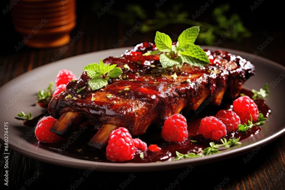 a plate of food on a table with raspberries and mint garnishes on top of it. a plate of food on a table with raspberries and mint garnishes on top of it.