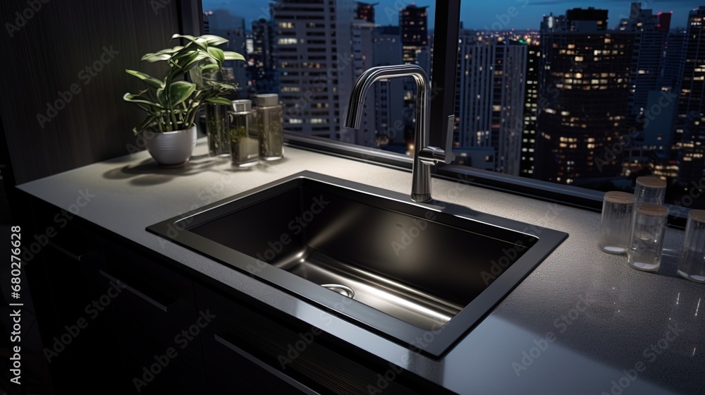Undermount kitchen cabinet installation: A black single stainless steel sink, viewed from a first-p. Undermount kitchen cabinet installation: A black single stainless steel sink, viewed from a first-p.