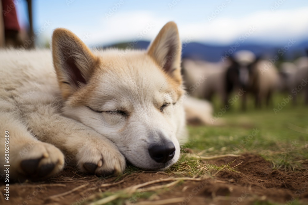 Close-up portrait photography of a cute german shepherd sleeping against alpaca and llama farms background. With generative AI technology