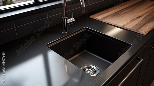 Installing undermount kitchen cabinet: Black single stainless steel sink in a high-rise apartment,.