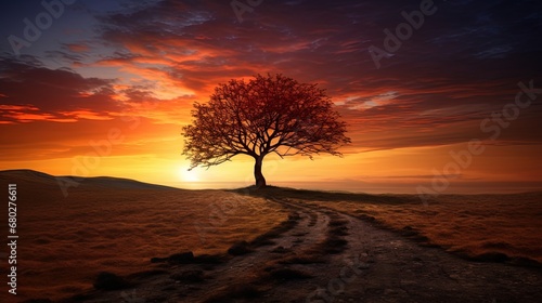 Solitary old tree stands alone in an autumn field with an epic, sunset backdrop, exuding a captivat.