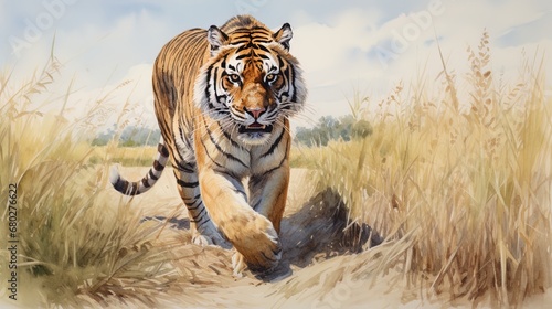 Watercolor depicts a tiger strolling in tall grass on beige.